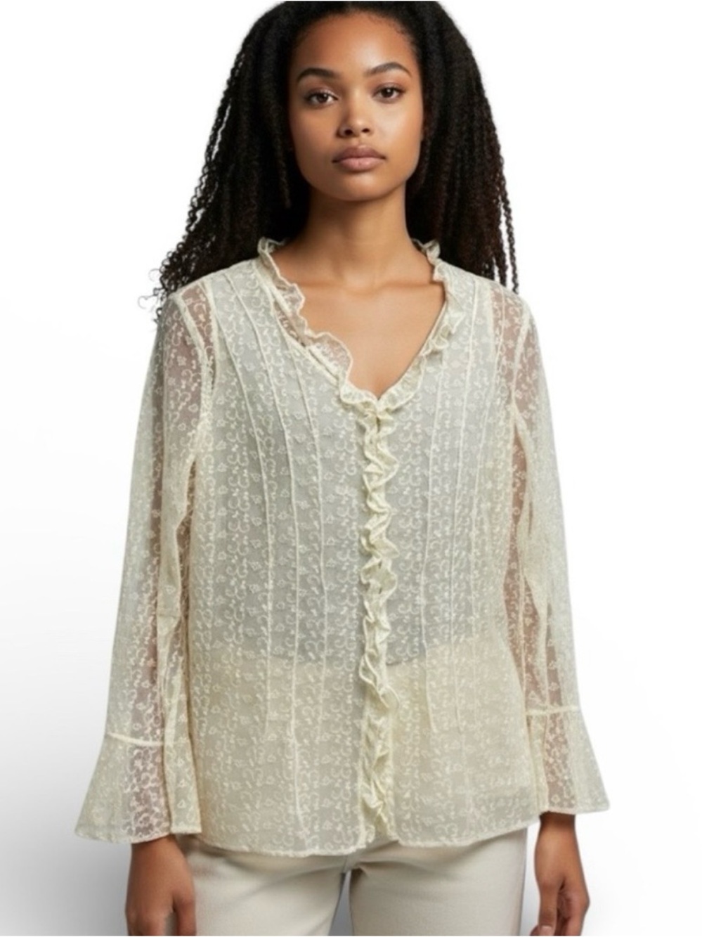 Avenue Ivory Lace Ruffle Blouse Boho Sheer Top Plus 14/16